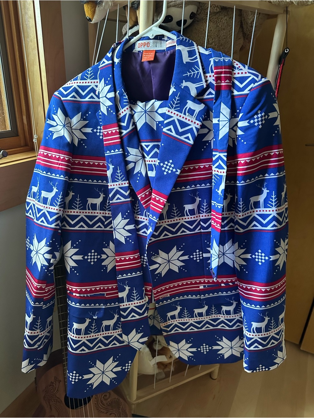 Oppo Blue, White and Red Holiday Suit Coat, Pants, and Tie